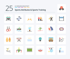 Sports Atributes And Sports Training 25 Flat Color icon pack including health. gym. sport. exercise. friends