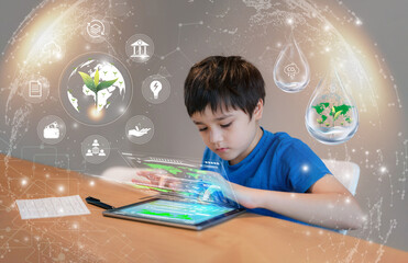 Education technology,Kid using tablet research on internet about world...