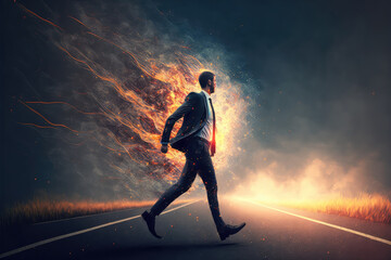 Determined businessman on his way to success go to the fire trails (ai generated)