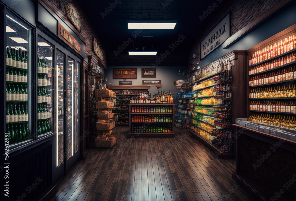 Wall mural Liquor store interior. Fictitious text and labels. Generative AI