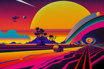 Obraz premium Hand drawn comic illustration, Retro and 90s style, Cosmos, Pop Art, Abstract, Crazy, and Psychedelic Background, granular texture. Generative AI 