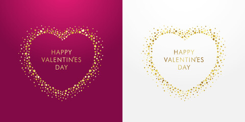 Valentines Day glittering golden heart frame with different heart shapes. Happy Valentine`s Day lettering and love framework for posters or promotion banner design. Vector illustration