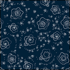 Marine seamless pattern. A white hand-drawn sketch on a dark blue background. Twisted shells and foam. Modern vector illustration for backgrounds, fabrics, scrapbooking, wrapping paper