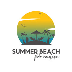 Summer Beach silhouette logo with sun chair umbrella and palm vector design