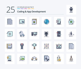 Coding And App Development 25 Line Filled icon pack including connection. worldwide. os. program. application - obrazy, fototapety, plakaty
