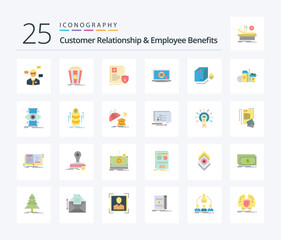 Fototapeta na wymiar Customer Relationship And Employee Benefits 25 Flat Color icon pack including presentation. monitor. snack. laptop. medical