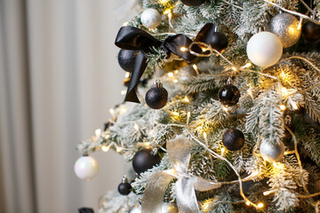 Christmas tree close-up with white, black and silver balls, bows with garland