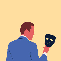 man holding mask and hiding his true fake emotions vector illustration