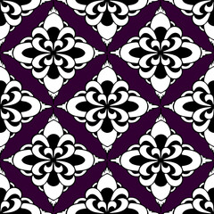 seamless symmetrical pattern of abstract black and white geometric shapes on purple background, texture