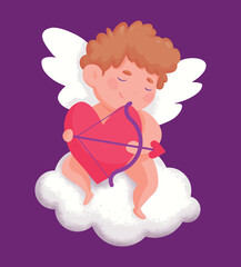 Little cute cupid boy character sitting on a cloud with a love bow in hands valentines day vector illustration clipart