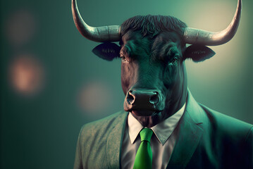 Bull in a green business suit, bull market, stock market, Generative AI