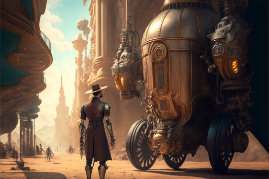 a human and a robot in a steampunk city style. GENERATIVE AI