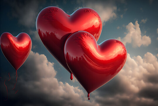 Red Heart Balloon's, valentines day, sky background,, Generative AI