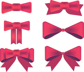 Realistic bow set.  Рink silk ribbons with bows festive decor satin rose, luxury elements for holiday packaging and design, elegant gift tape 3d vector decor set on white background