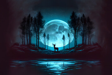 Futuristic abstract dark natural forest night landscape scene with the reflection of moonlight in the water and neon blue circle light background