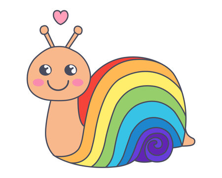 snail character with rainbow shell. cute character with outline stroke. flat vector illustration.