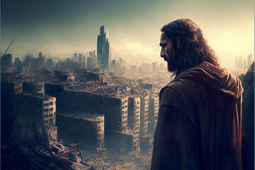 Fototapeta na wymiar Jesus Christ looking at city in ruin, Generative AI