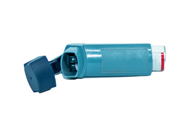 Asthmatics inhaler with cap open  and a transparent background