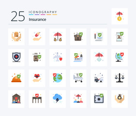 Insurance 25 Flat Color icon pack including time glass. paper. insurance. insurance. security
