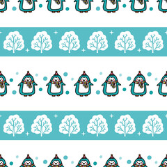 Cute geometric winter pattern with penguins and snowy trees. Funny vector print with baby animals for kids textile, wrapping paper