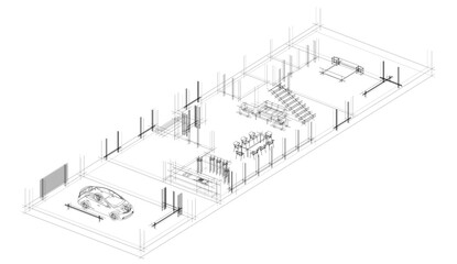 Modern house building architectural sketch 3d illustration