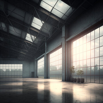 Interior Of A Building, Interior Of A Modern Building, Grunge Studio Showroom Big Empty Steel Concrete Hangar Warehouse Barn Huge Space DayIight Windows Modern Workshop Car Garage Depot 3D Rendering ,