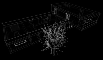 Modern house building architectural sketch 3d illustration