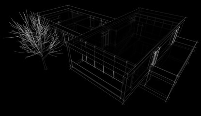 Modern house building architectural sketch 3d illustration