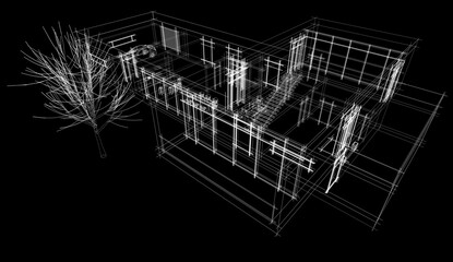 Fototapeta premium Modern house building architectural sketch 3d illustration