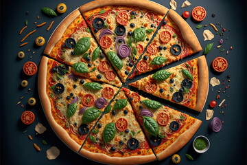 A pizza cut seen from above, AI