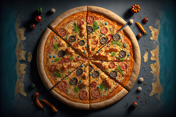 Obraz na płótnie Canvas A pizza cut seen from above, AI