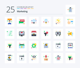 Marketing 25 Flat Color icon pack including money. hand. business. light. creativity