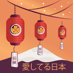 Group of traditional asian lamps Japan poster Vector