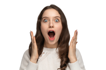 Close up portrait of beautiful darkhaired woman spreading hands, standing isolated over background, astonished female with widely opened mouth wearing white sweater. People emotions concept.