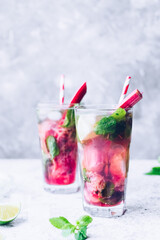 Summer refreshing drink with rhubarb, lemon and mint