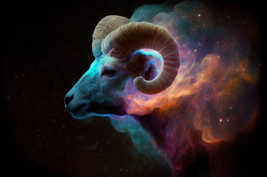 Aries Zodiac Sign, Horoscope Symbol, Magic Astrology Aries in Fantastic Night Sky, Generative AI Illustration