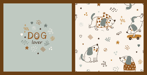 Cute Dog Set. Seamless Pattern and Poster with Little Puppies. Vector Childish Background. Baby Funny Animal. Great for T-shirt Print Design for Kids.