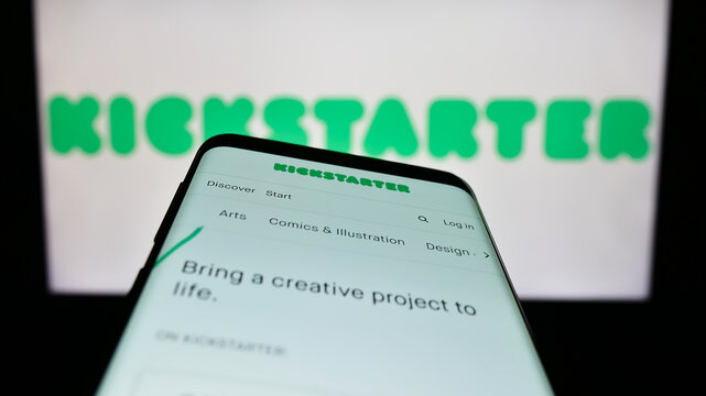 Stuttgart, Germany - 01-13-2023: Smartphone with website of US crowdfunding platform Kickstarter PBC on screen in front of company logo. Focus on top-left of phone display.