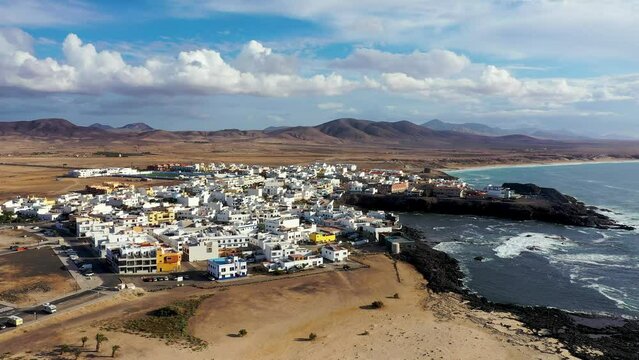 Panoramic view of El Cotillo city in Fuerteventura, Canary Islands, Spain. Scenic colorful traditional villages of Fuerteventura, El Cotillo in northen part of island. Canary islands of Spain.