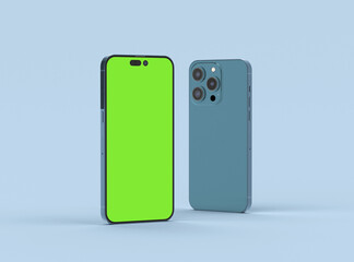 iPhone 14 pro max Smartphone mockup for App and Website UI branding. 2 Phones in front and back side. 3D render