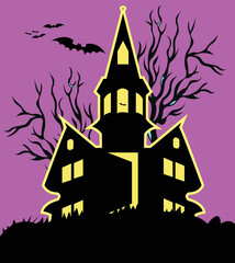 Hunted House Halloween Night Ghost Vector Design Illustration Cartoon Bat Moon 