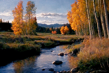 aspen trees in autumn by a river in the mountains
