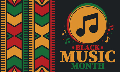 Black Music Month in June. African-American Music Appreciation Month. Celebrated annual in United States. Music concept. Poster, card, banner and background. Vector illustration