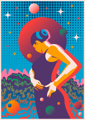 Psychedelic Style Tango Dancing Woman Poster. 1960-1970s Retro Vintage Design Illustration
