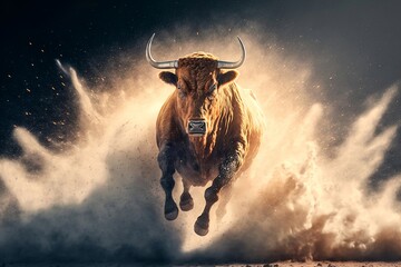 Bull running forward and leaving dust behind him, created with Generative AI Technology