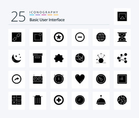 Basic 25 Solid Glyph icon pack including mode. loading. basic. hourglass. globe