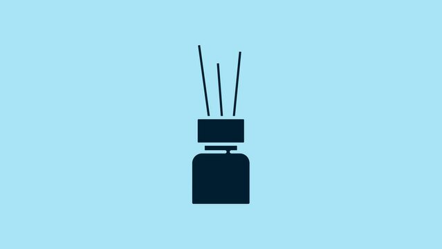 Blue Aroma diffuser icon isolated on blue background. Glass jar different with wooden aroma sticks. 4K Video motion graphic animation