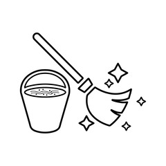 Brooms, bucket, clean line icon. 