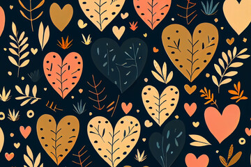 Pattern graphic set of hand draw hearts, on the dark background,