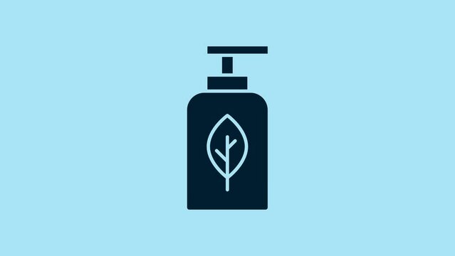 Blue Essential oil bottle icon isolated on blue background. Organic aromatherapy essence. Skin care serum glass drop package. 4K Video motion graphic animation